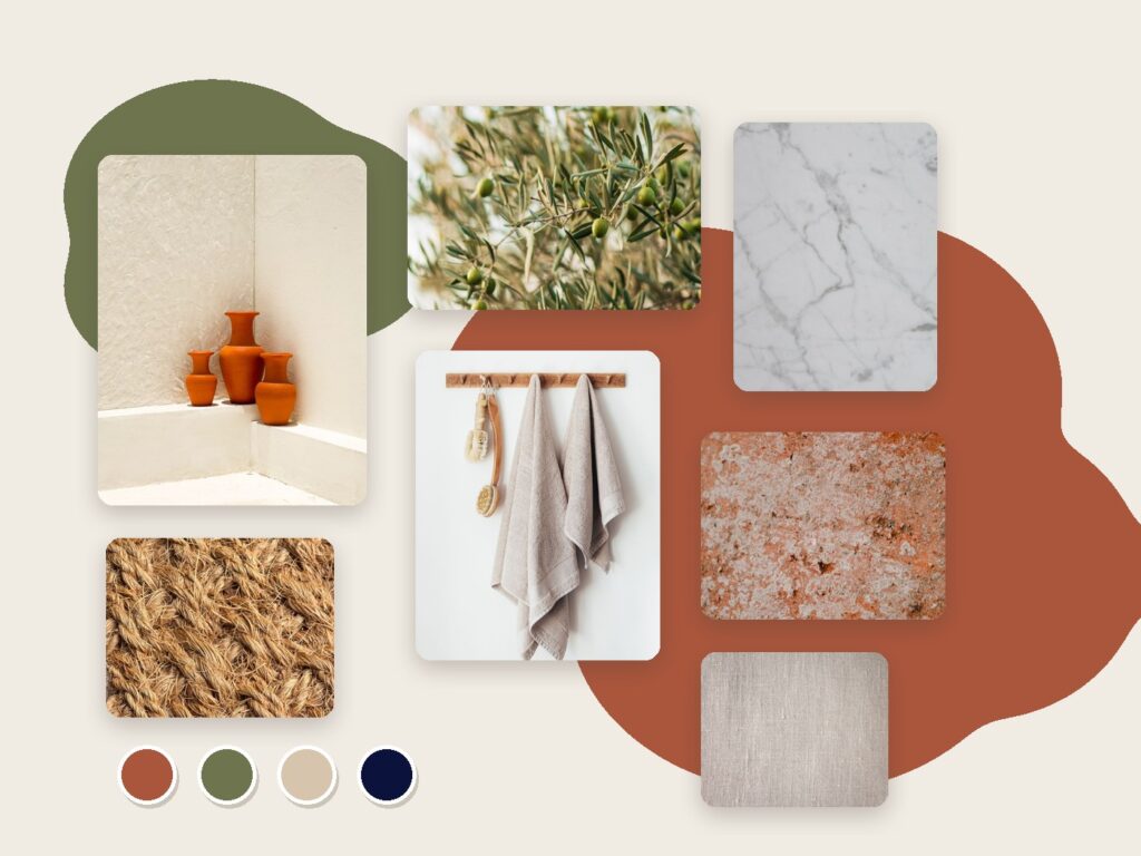 Moodboard home staging : matières terracotta, vert olive, lin et marbre